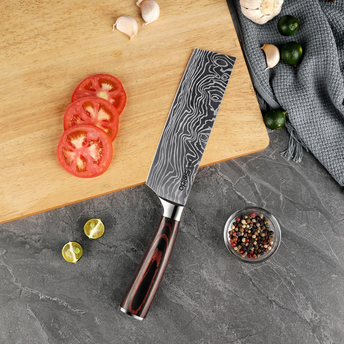 Seido Knives Master 7 Inch Nakiri Knife – High Carbon Stainless Steel Damascus Pattern Blade Full-Tang Balance Ergonomic Pakkawood Handle