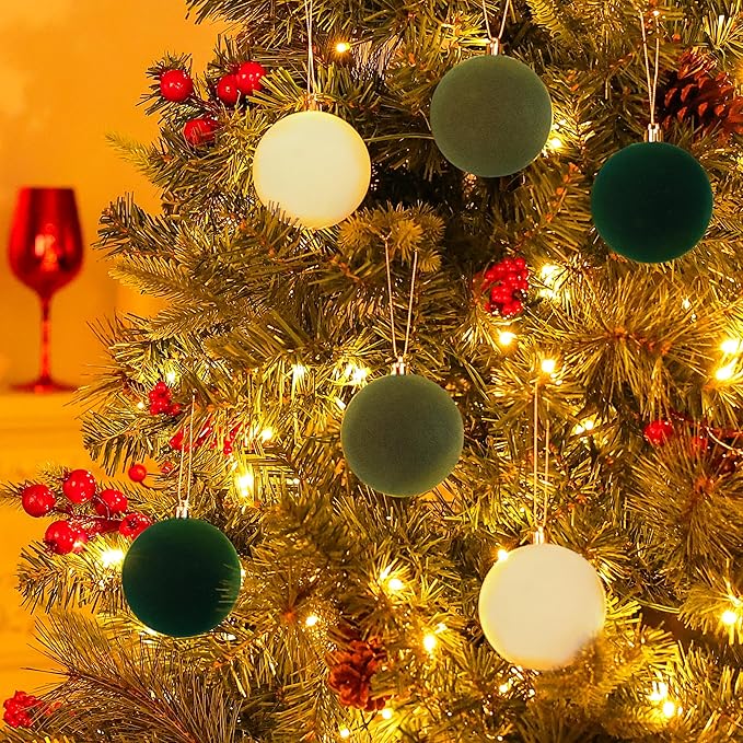 Amooca 3.15in Large Christmas Balls Ornaments Flocking Xmas Tree Hanging Decoration New Year Holiday Party Baubles 6pc Set White Green