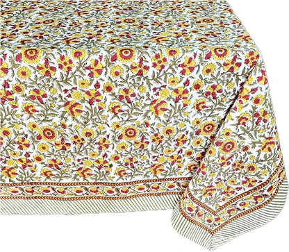 ATOSII Marigold 100% Cotton Spring Summer Tablecloth, Block Print Rectangle Table Cover for Dining, Parties, Weddings, Outdoors, Grand Millenial Decor 60 X 108 Inches I 8 Seater I