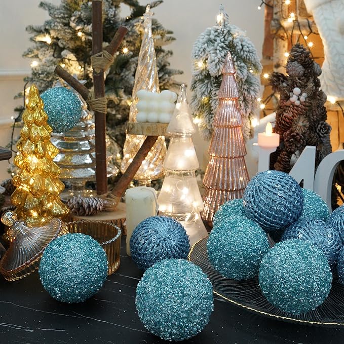 3.15" Christmas Ball Ornaments Glitter Shatterproof Christmas Tree Ornaments Sequin Xmas Hanging Balls Decorations for Wedding Party Holiday(Light Blue)