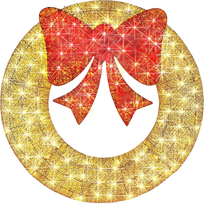 Best Choice Products 30in Pre-Lit Outdoor Christmas Wreath Decoration, LED Metal Holiday Decor for Home w/ 100 Lights, Bow - Gold/Red