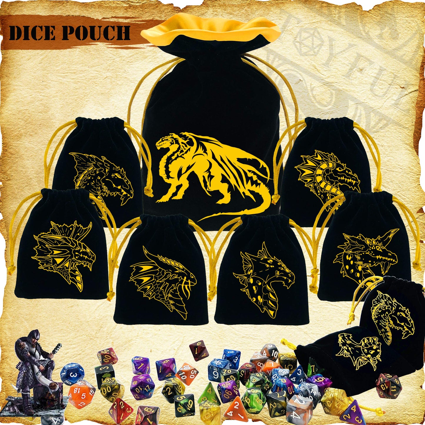 TOYFUL 6 Sets Double-Color Polyhedral Dice for DND, RPG, MTG & Table Games - 7pcs Set (d20, d12, 2x d10, d8, d6, d4) with 6 Drawstring Bags, 1 Big Bag, 1 PU Leather Dice Tray & Sticker