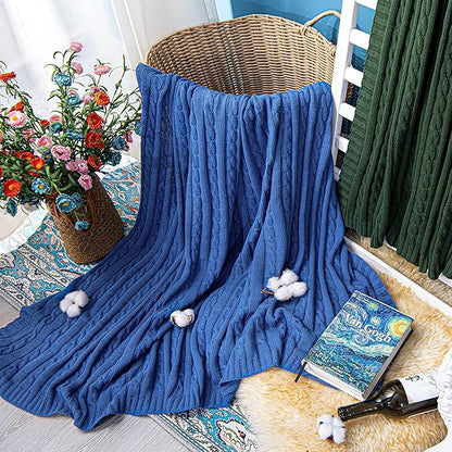 NTBAY 100% Pure Cotton Oversize (60x80) Cable Knit Throw Blanket, Super Soft Warm Knitted Throw Blanket for Bed, Sofa, Chair, Couch - Extra Cozy, Machine Washable, Comfortable Home Decor, Cobalt Blue