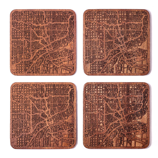 Detroit Map Coaster by O3 Design Studio, Set Of 4, Sapele Wooden Coaster With City Map, Handmade